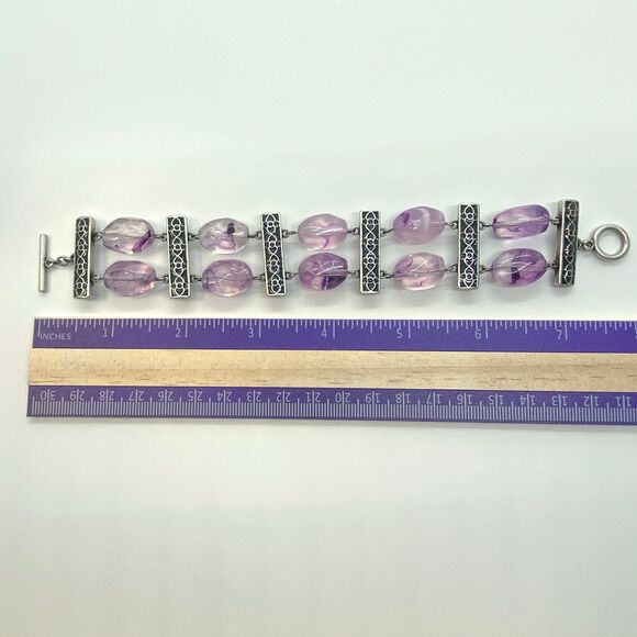 Purple Glass Beads Silver Tone with Teal Bar Bracelet Vintage Gift for Her Retro - Picture 8 of 9